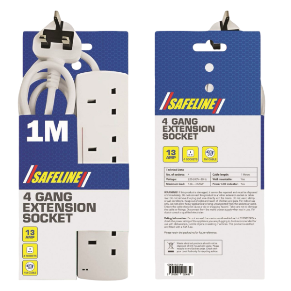 Picture of 4WAY EXT LEAD 1MTR CABLE 13AMP PLUG NEON LITE