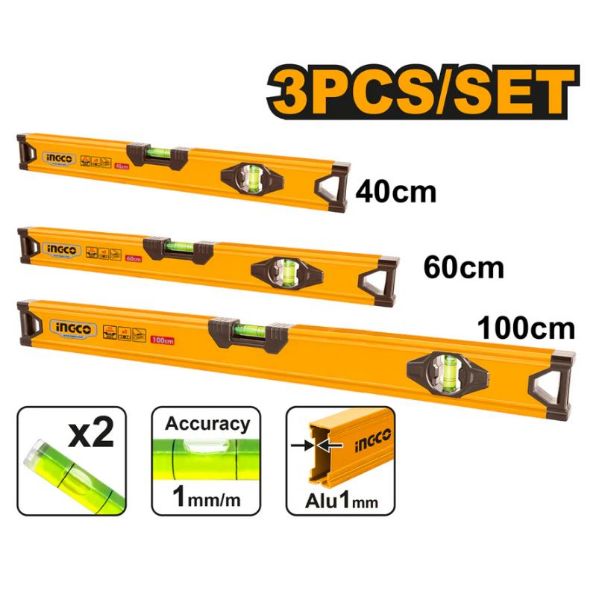 Picture of INGCO 3PC SPIRIT LEVEL BAR SET 40cm 60cm 1